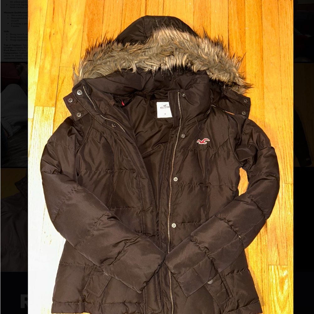 Hollister Brown Puffer Jacket with Faux Fur Hood